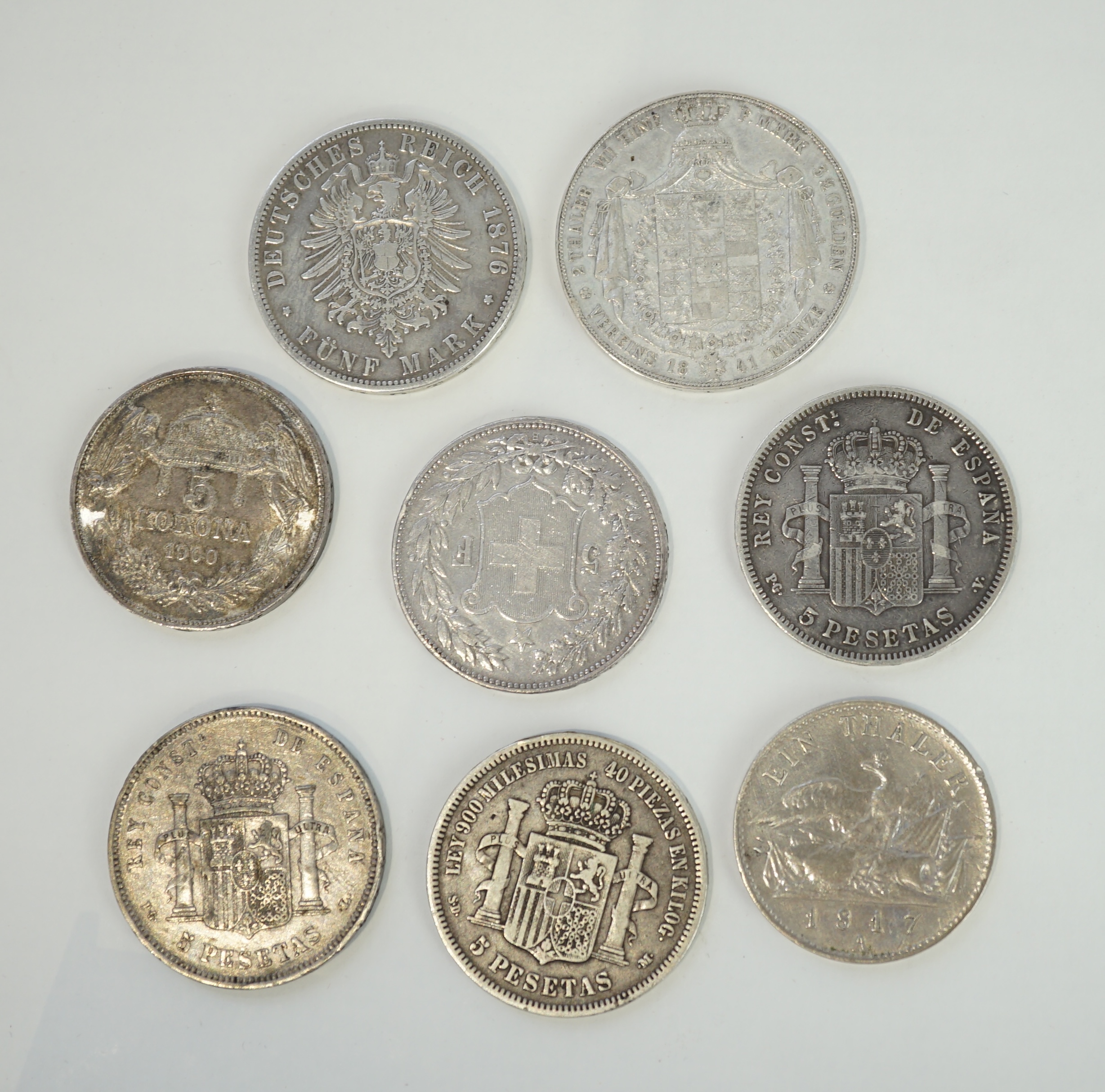 European coins, 18th - 20th century, including German states – Prussia, 1817A one Thaler, 1841A five marks, 1876B five marks, Switzerland, 1890 five francs, Austrian empire, 1900KB five korona, Spain 1871 five pesetas, 1